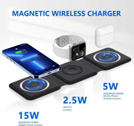 3 in 1 Magnetic MagSafe Foldable Wireless Charger for iPhone 17 to 12 Series  - Matte Black